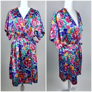 VTG 80s Cinema Etoile Satin Robe Womens Large Floral Belted Kimono Pockets Pink